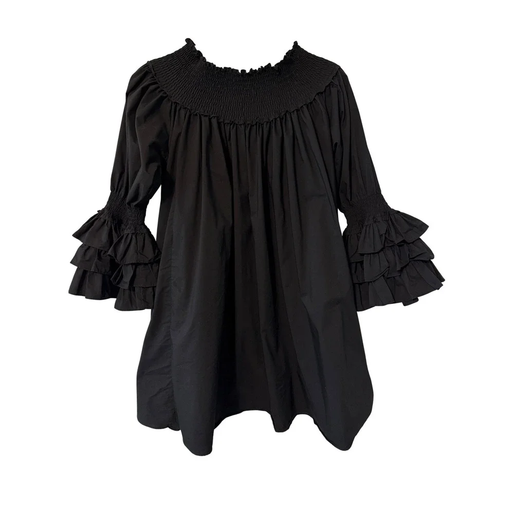 Blanc Studio Babydoll Dress Womens Black Smocked Tiered Ruffle Sleeve Mini - Picture 8 of 13